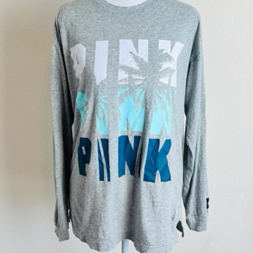 PINK Victoria's Secret Grey Blue Tropical Palm Tree Long Sleeve Top